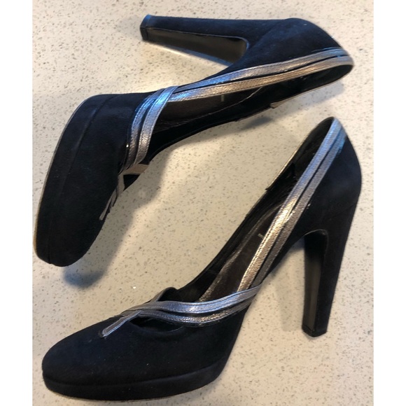 Prada Black Suede DECO Leather Trim Heels 37.5 7 - Picture 5 of 8